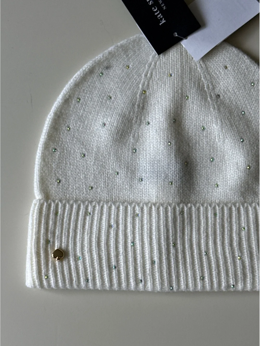 NWT Kate Spade New York White Flocked Spade Beanie with Rhinestones